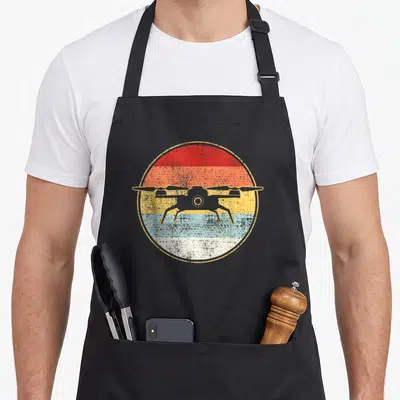 Funny drones apron - Grey drone silhouette over red orange yellow blue horizontal stripes in a distressed retro circle — shown on a black cotton canvas apron against a white background
