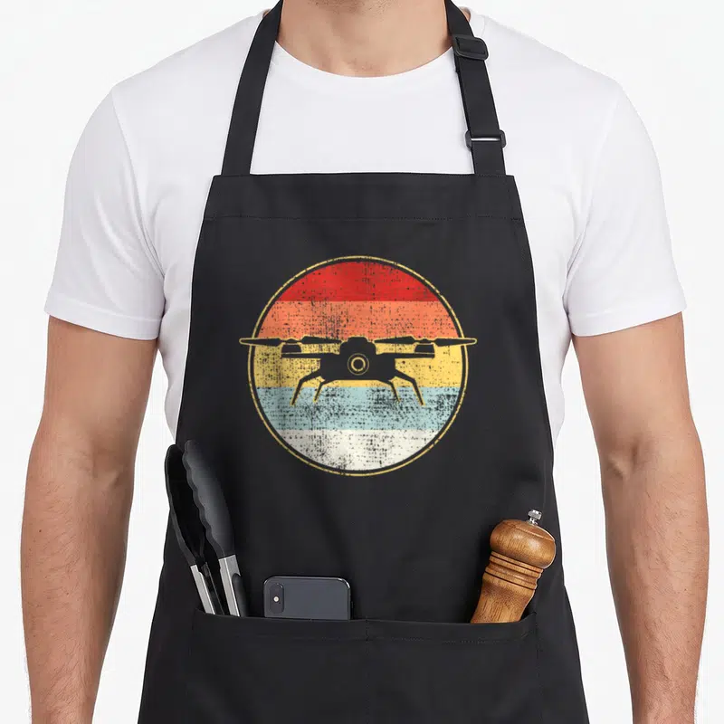 Funny drones apron - Grey drone silhouette over red orange yellow blue horizontal stripes in a distressed retro circle — shown on a black cotton canvas apron against a white background