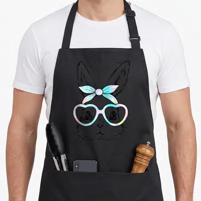 Bunny tie-dye apron - Line art rabbit head with iridescent heart glasses and bow in pastel colors — shown on a black cotton canvas apron against a white background