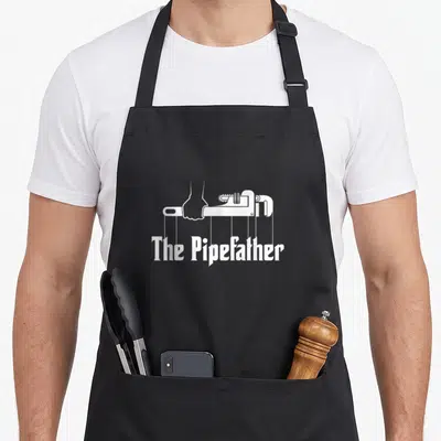 Pipefather plumber apron - White hand holding pipe wrench with vertical lines connecting to text The Pipefather — shown on a black cotton canvas apron against a white background