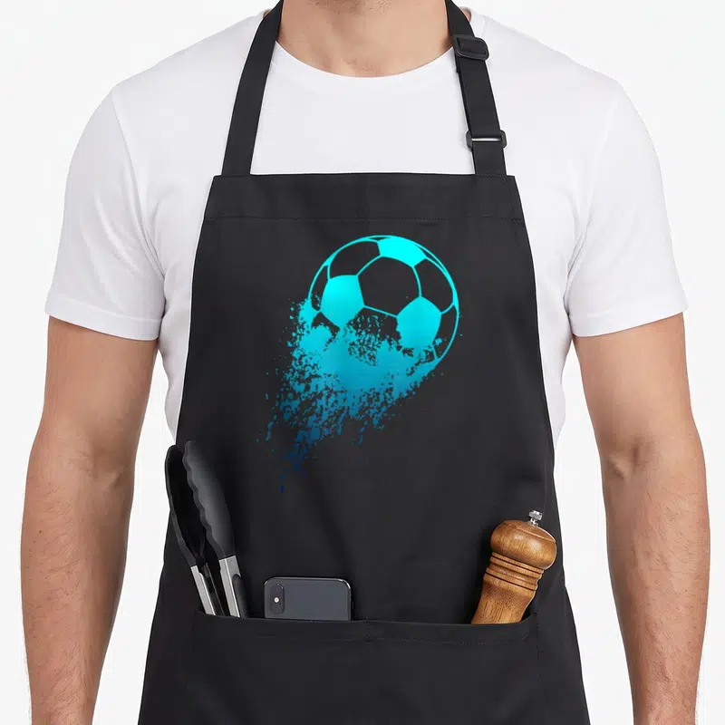 Player soccer apron - Cyan soccer ball with paint splatter effect on black apron — shown on a black cotton canvas apron against a white background