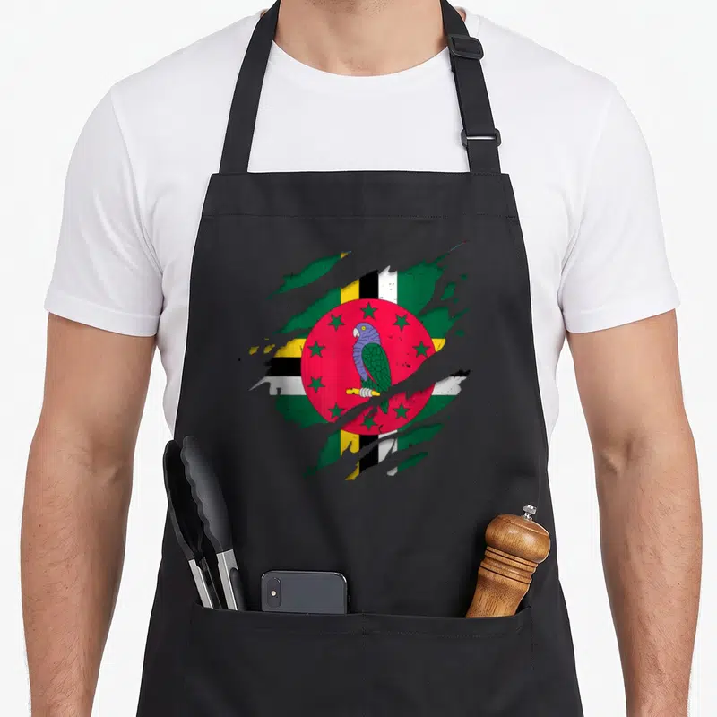Dominican torn apron - Realistic flag with parrot and stars tearing through grey surface in green red yellow and black — shown on a black cotton canvas apron against a white background