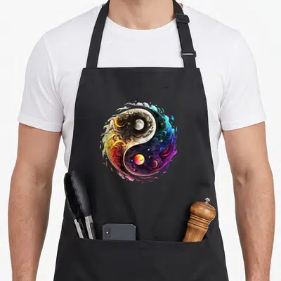 Yin qigong apron - Cosmic yin yang with moon, planet, and colorful nebulae in blue purple red yellow white — shown on a black cotton canvas apron against a white background