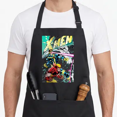 Fighting x apron - Cyclops optic blast and Wolverine claws with X-MEN text in blue yellow red white cartoon style — shown on a black cotton canvas apron against a white background