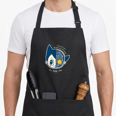 Astro astrophotography apron - Astro Boy head split showing robot interior with blue white yellow text See him swim — shown on a black cotton canvas apron against a white background