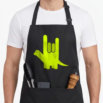 Sign valentine apron - Lime green dinosaur forming an ASL hand gesture shape — shown on a black cotton canvas apron against a white background