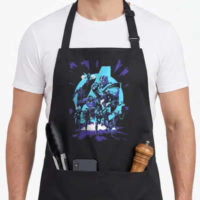 Funny endgame heroe apron - Thanos and superhero cluster in blue cartoon art before a large circle and radiating lines — shown on a black cotton canvas apron against a white background