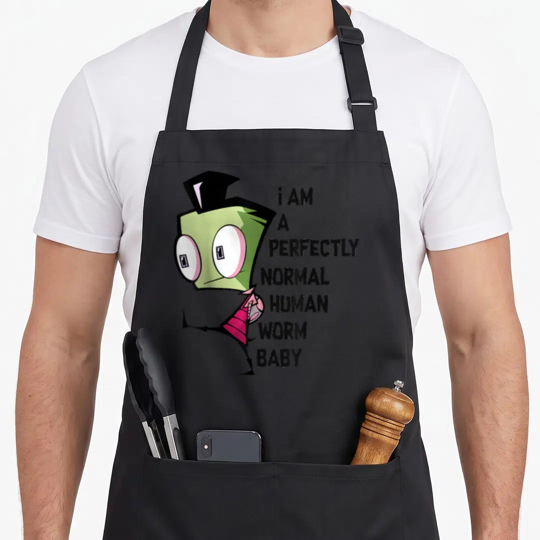 Zim worm apron - Green cartoon character with pink suit next to stacked black text i am a perfectly normal human worm — shown on a black cotton canvas apron against a white background