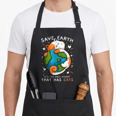 Save earth apron - Cartoon cat hugging blue green globe with white orange text SAVE EARTH — shown on a black cotton canvas apron against a white background