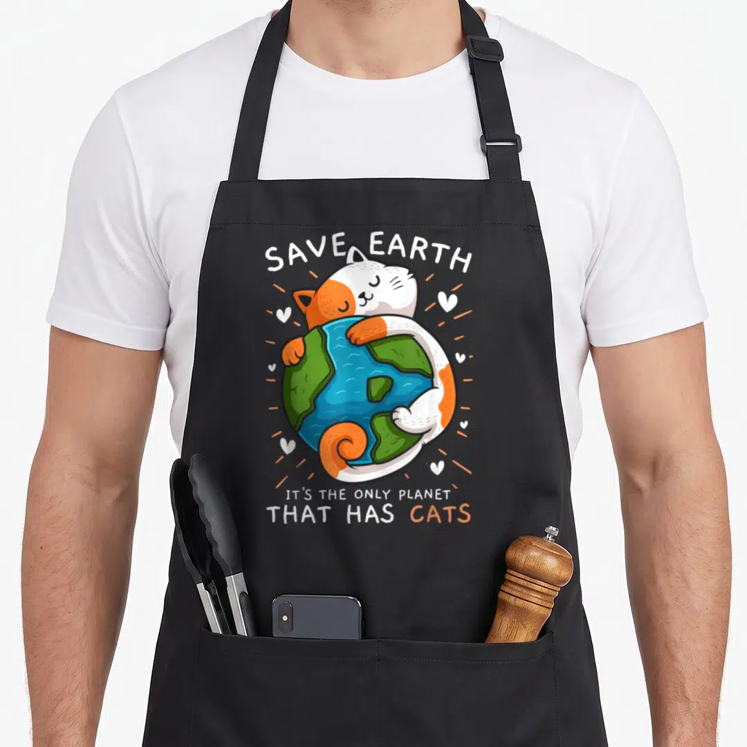 Save earth apron - Cartoon cat hugging blue green globe with white orange text SAVE EARTH — shown on a black cotton canvas apron against a white background