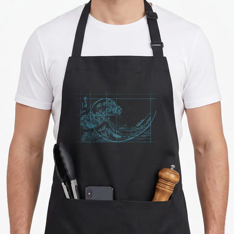 Hokusai fibonacci apron - Light blue line-art wave and mountain overlaid with a geometric grid and spiral — shown on a black cotton canvas apron against a white background