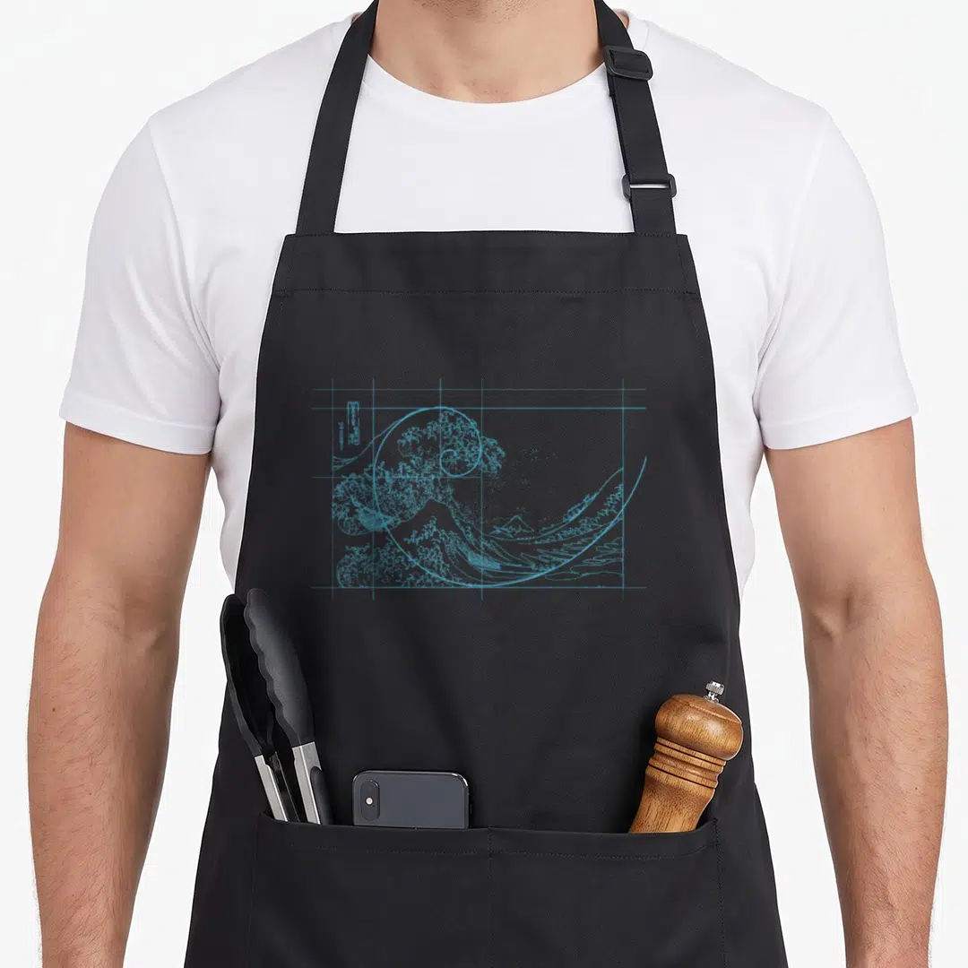 Hokusai fibonacci apron - Light blue line-art wave and mountain overlaid with a geometric grid and spiral — shown on a black cotton canvas apron against a white background