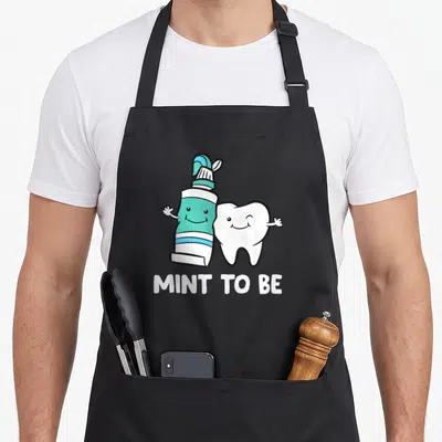 Mint dentist apron - Cartoon teal toothpaste and white tooth with mint to be text — shown on a black cotton canvas apron against a white background