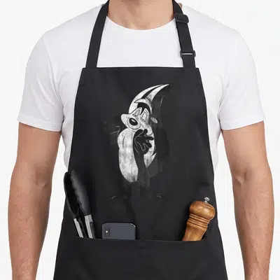 Pepe le apron - Retro black and white cartoon skunk standing with one hand raised — shown on a black cotton canvas apron against a white background