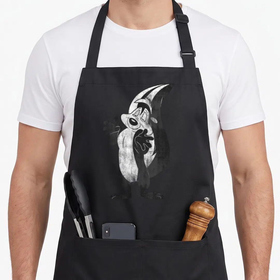 Pepe le apron - Retro black and white cartoon skunk standing with one hand raised — shown on a black cotton canvas apron against a white background