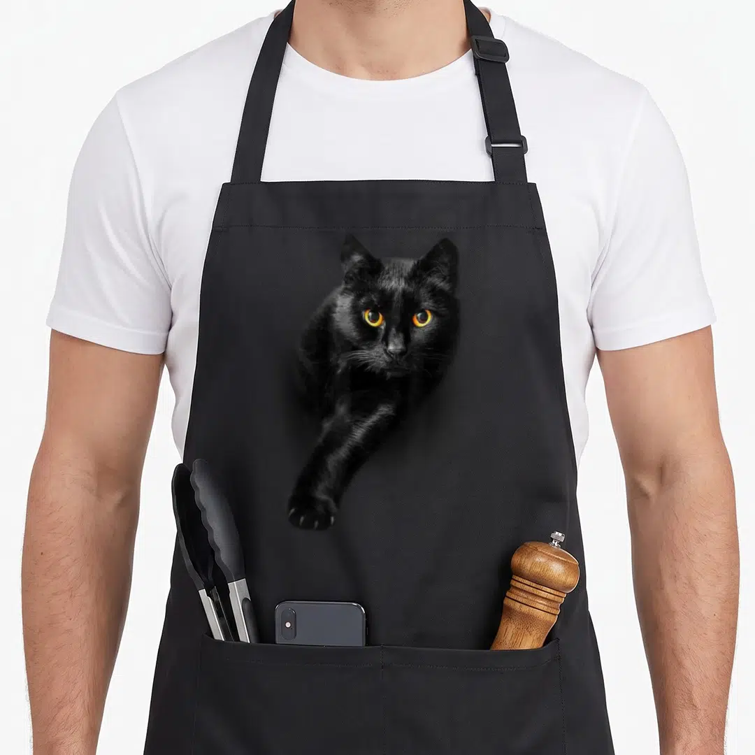 Eye black cat apron - Photo print of a black cat with bright orange eyes centered on grey background — shown on a black cotton canvas apron against a white background