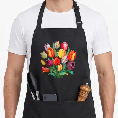 Plant tulip apron - Realistic bouquet of red, yellow, purple, and orange tulips with green leaves — shown on a black cotton canvas apron against a white background