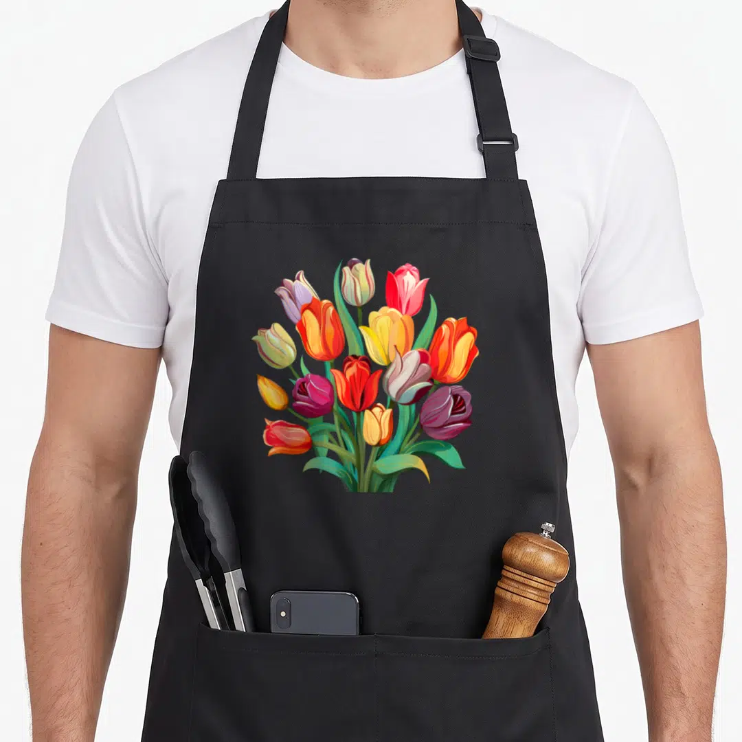 Plant tulip apron - Realistic bouquet of red, yellow, purple, and orange tulips with green leaves — shown on a black cotton canvas apron against a white background