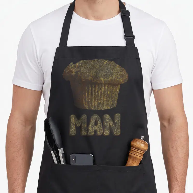 Cute muffin man apron - Gold cartoon muffin illustration above brown MAN text — shown on a black cotton canvas apron against a white background