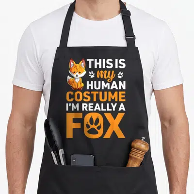 Costume fox aprons - Cartoon fox sitting next to stacked text reading THIS IS my HUMAN COSTUME I'M REALLY A FOX — shown on a black cotton canvas apron against a white background