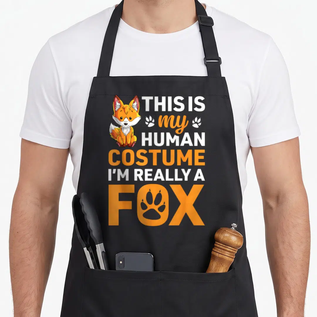 Costume fox aprons - Cartoon fox sitting next to stacked text reading THIS IS my HUMAN COSTUME I'M REALLY A FOX — shown on a black cotton canvas apron against a white background