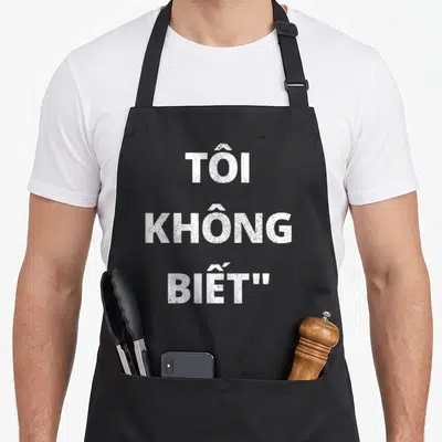 Funny vietnamese girl apron - White stacked text reading TÔI KHÔNG BIẾT on a dark background — shown on a black cotton canvas apron against a white background