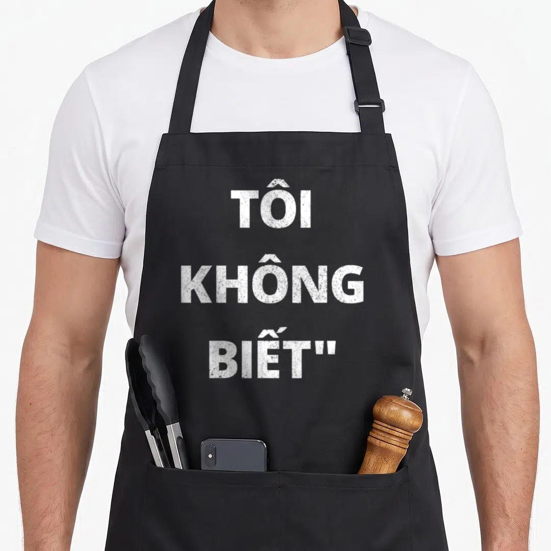 Funny vietnamese girl apron - White stacked text reading TÔI KHÔNG BIẾT on a dark background — shown on a black cotton canvas apron against a white background