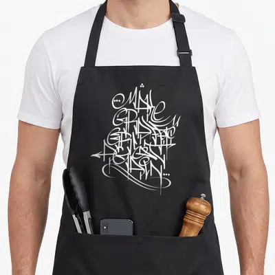 Graffiti tag apron - Abstract white calligraphic lines clustered in center, line art style, handstyle tag design — shown on a black cotton canvas apron against a white background