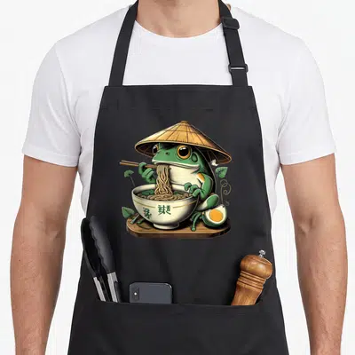 Frog kawaii aprons - Cartoon frog in conical hat eating ramen from bowl with chopsticks and boiled egg on wooden board — shown on a black cotton canvas apron against a white background
