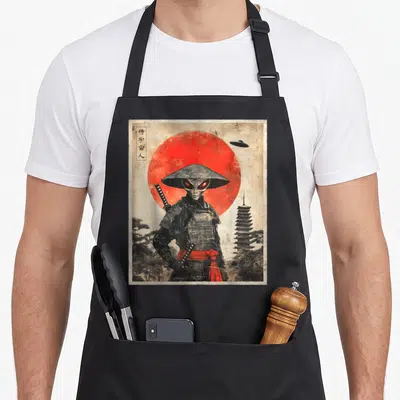 Alien e.a apron - Alien samurai in front of red sun with vertical Japanese text and UFO in retro style — shown on a black cotton canvas apron against a white background