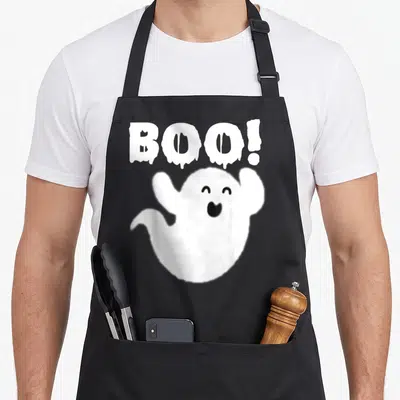 Ghost boo halloween apron - White cartoon ghost waving below dripping BOO! text on black background — shown on a black cotton canvas apron against a white background
