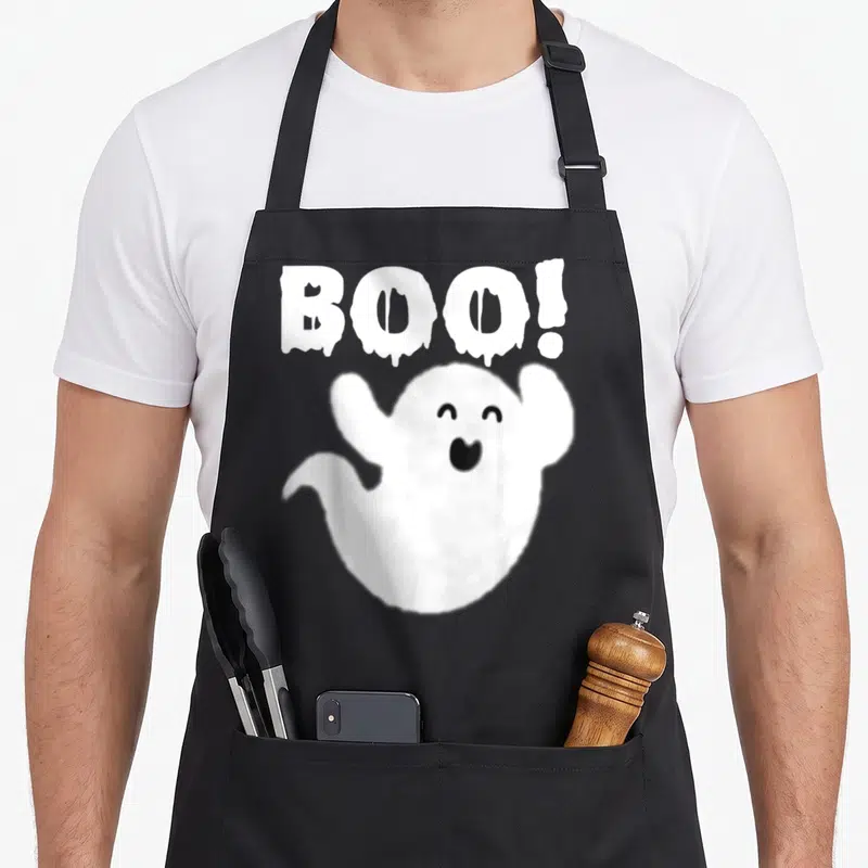 Ghost boo halloween apron - White cartoon ghost waving below dripping BOO! text on black background — shown on a black cotton canvas apron against a white background