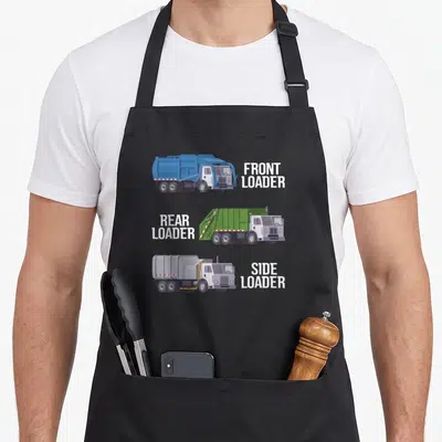 Separation truck apron - Front, Rear, and Side Loader garbage truck illustrations with white block lettering — shown on a black cotton canvas apron against a white background