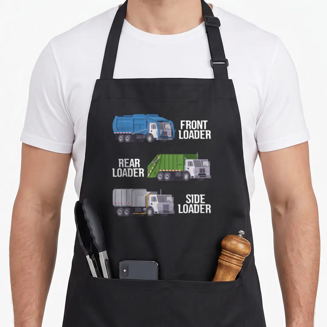 Separation truck apron - Front, Rear, and Side Loader garbage truck illustrations with white block lettering — shown on a black cotton canvas apron against a white background