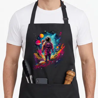 Galaxy astronaut space apron - Realistic astronaut walking through purple blue orange pink cosmic landscape with planets — shown on a black cotton canvas apron against a white background