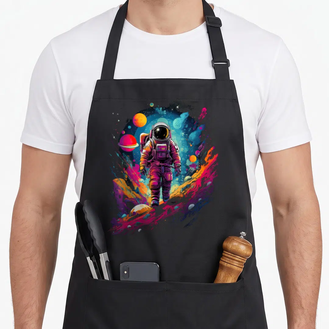 Galaxy astronaut space apron - Realistic astronaut walking through purple blue orange pink cosmic landscape with planets — shown on a black cotton canvas apron against a white background
