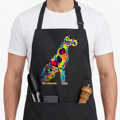 Retro dane dog apron - Multicolored Great Dane dog illustration in blue red yellow and green — shown on a black cotton canvas apron against a white background