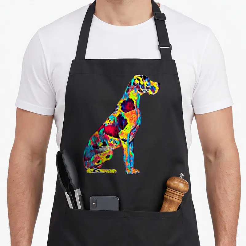 Retro dane dog apron - Multicolored Great Dane dog illustration in blue red yellow and green — shown on a black cotton canvas apron against a white background
