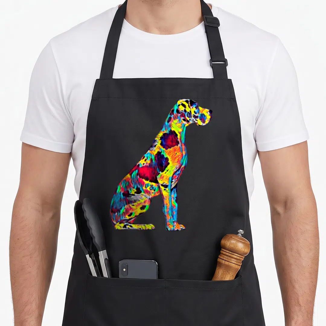 Retro dane dog apron - Multicolored Great Dane dog illustration in blue red yellow and green — shown on a black cotton canvas apron against a white background