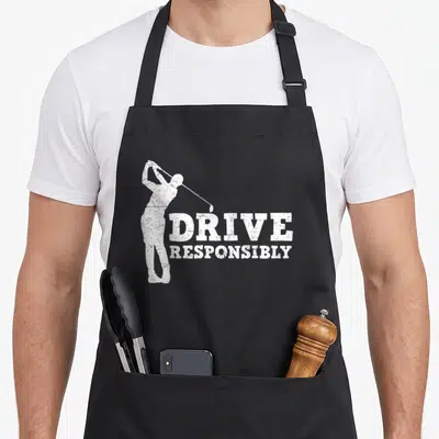 Drive golf apron - Distressed white golfer swinging next to stacked text DRIVE RESPONSIBLY — shown on a black cotton canvas apron against a white background