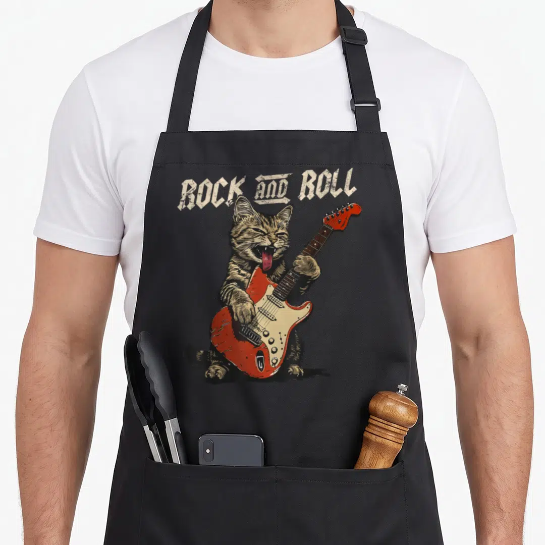 Rock cat apron - Cartoon brown cat playing red electric guitar under arched ROCK AND ROLL text in beige — shown on a black cotton canvas apron against a white background