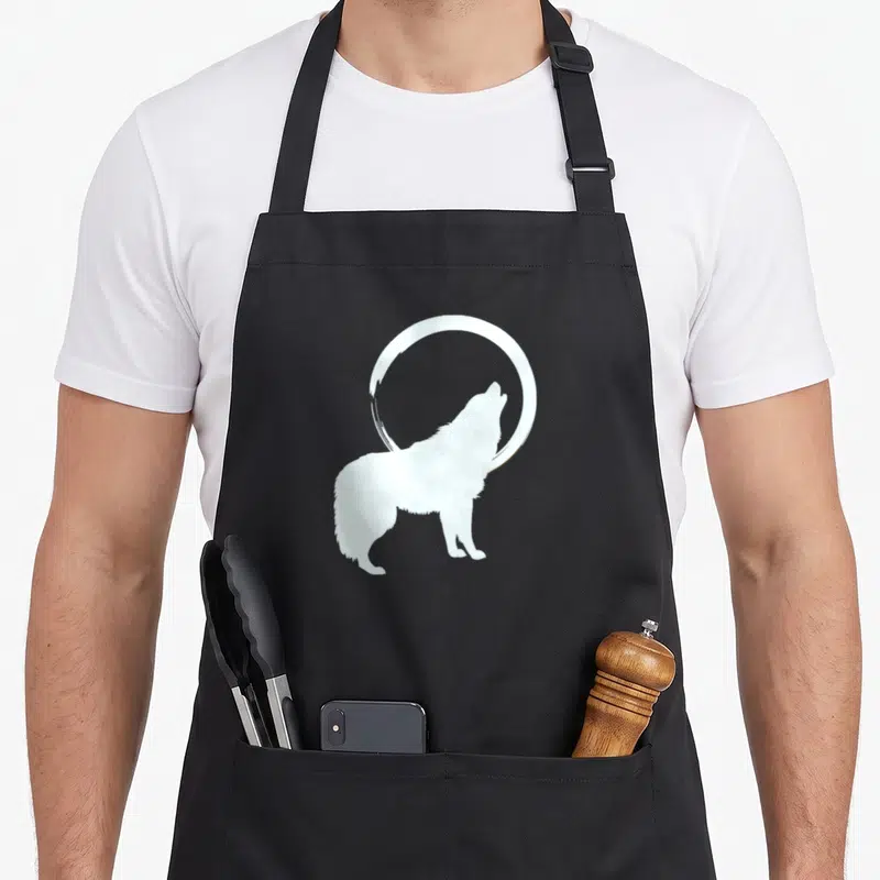 Clan native american apron - Light blue wolf silhouette howling in front of a brush-stroke circle — shown on a black cotton canvas apron against a white background