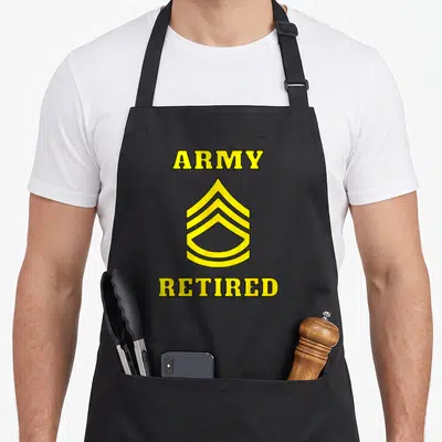 Class sergeant apron - Yellow rank insignia between ARMY and RETIRED text on grey background — shown on a black cotton canvas apron against a white background