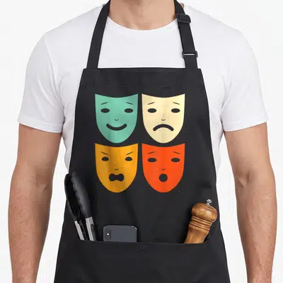 Mask theatre apron - Four minimalist drama masks in teal beige orange and red on black bib — shown on a black cotton canvas apron against a white background