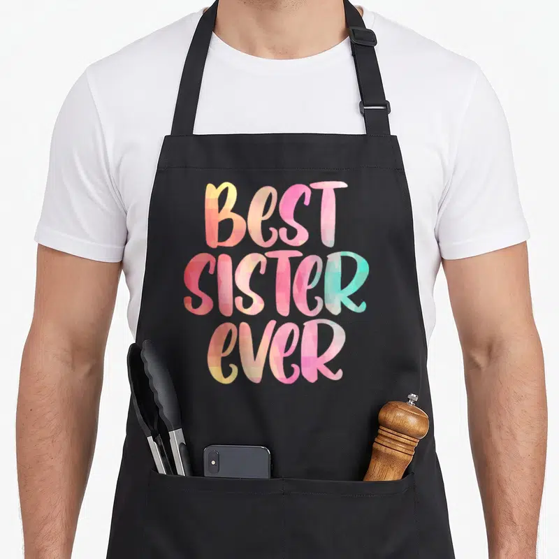 Funny best sister ever apron - Stacked BEST SISTER EVER text in pink, yellow, orange, and teal geometric typography — shown on a black cotton canvas apron against a white background
