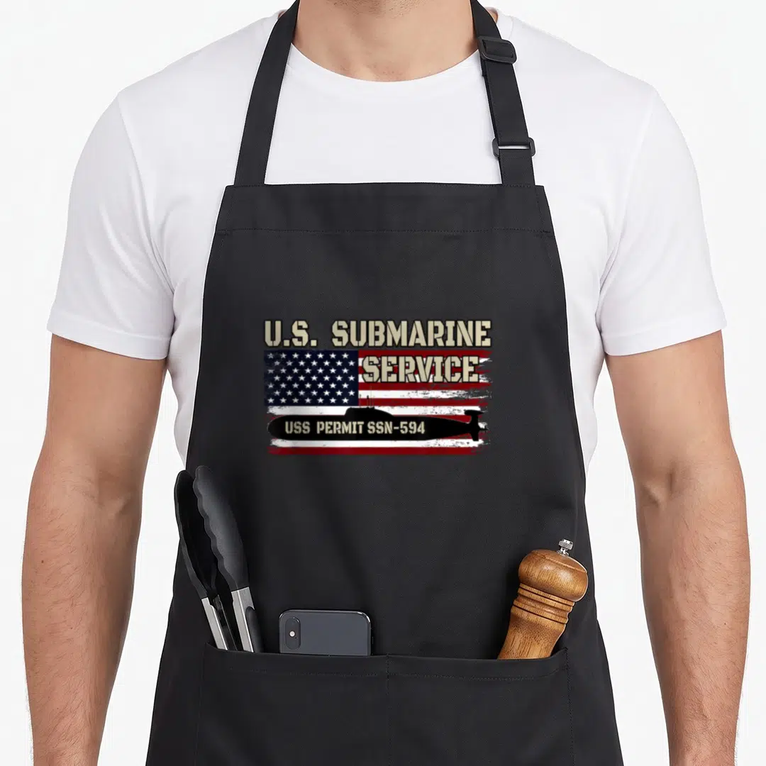 Permit father day apron - USS Permit SSN-594 submarine silhouette on distressed American flag with U.S. SUBMARINE — shown on a black cotton canvas apron against a white background