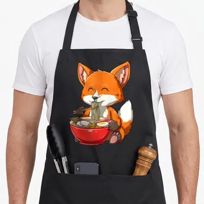 Eating fox print apron - Cartoon orange fox eating red bowl of ramen with chopsticks and egg — shown on a black cotton canvas apron against a white background