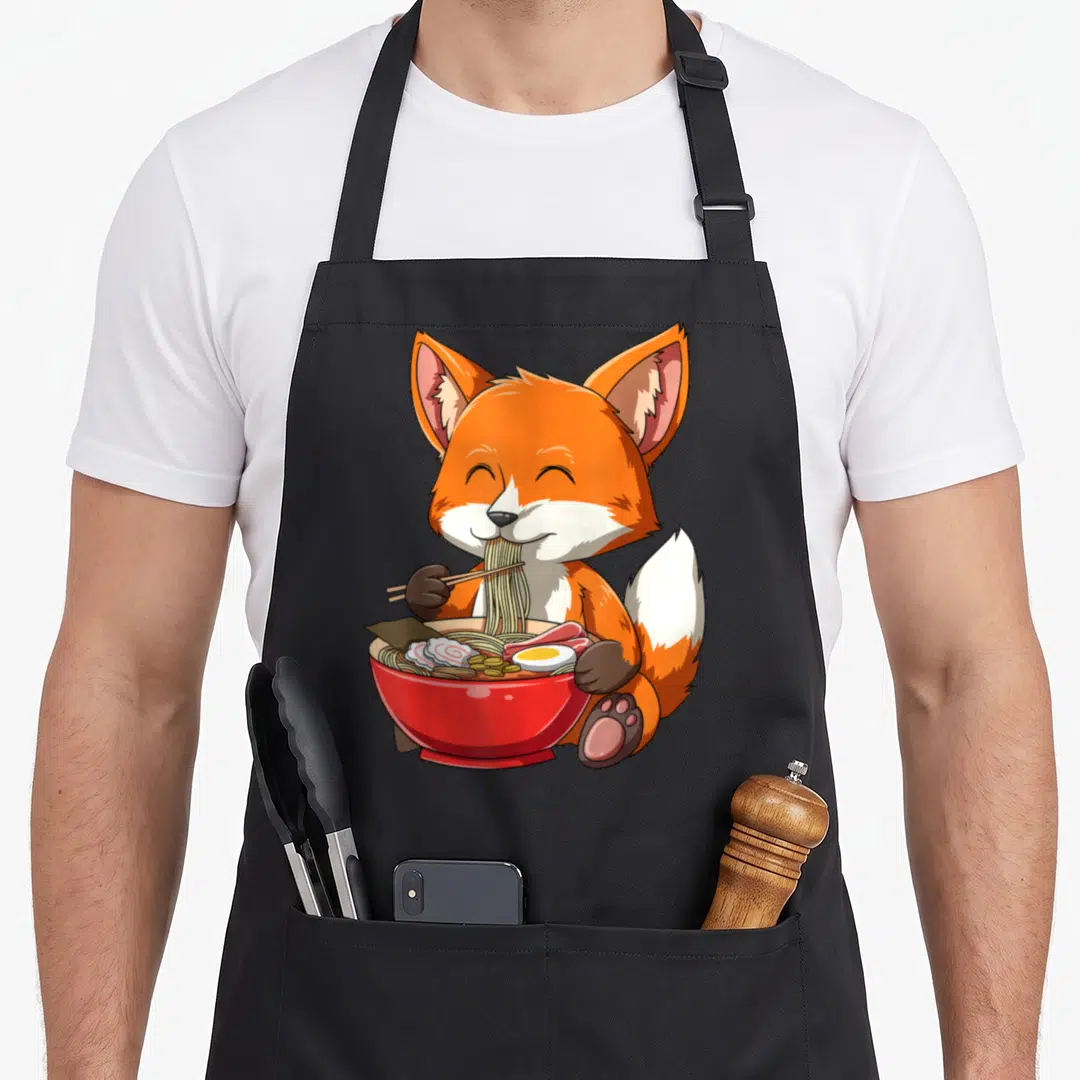 Eating fox print apron - Cartoon orange fox eating red bowl of ramen with chopsticks and egg — shown on a black cotton canvas apron against a white background