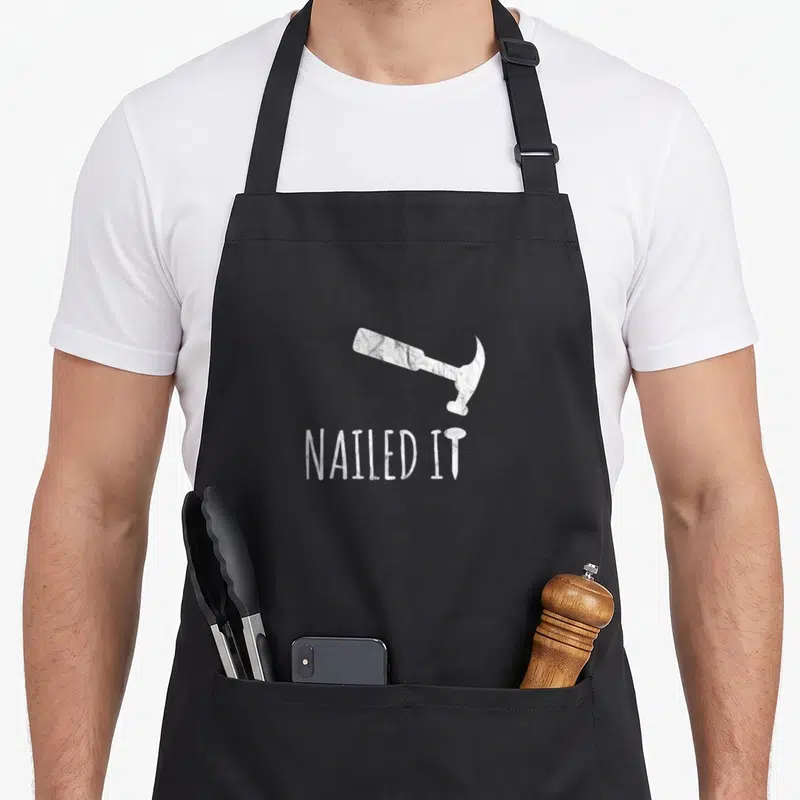 Nailed carpentry apron - White distressed hammer and nail text NAILED IT on black apron — shown on a black cotton canvas apron against a white background