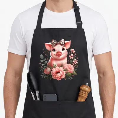 Pig leopard apron - Cartoon pink pig with spotted bow surrounded by pink roses and green leaves — shown on a black cotton canvas apron against a white background